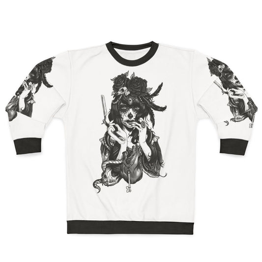 Dia de los muertos sugar skull sweatshirt featuring floral and tattoo design elements