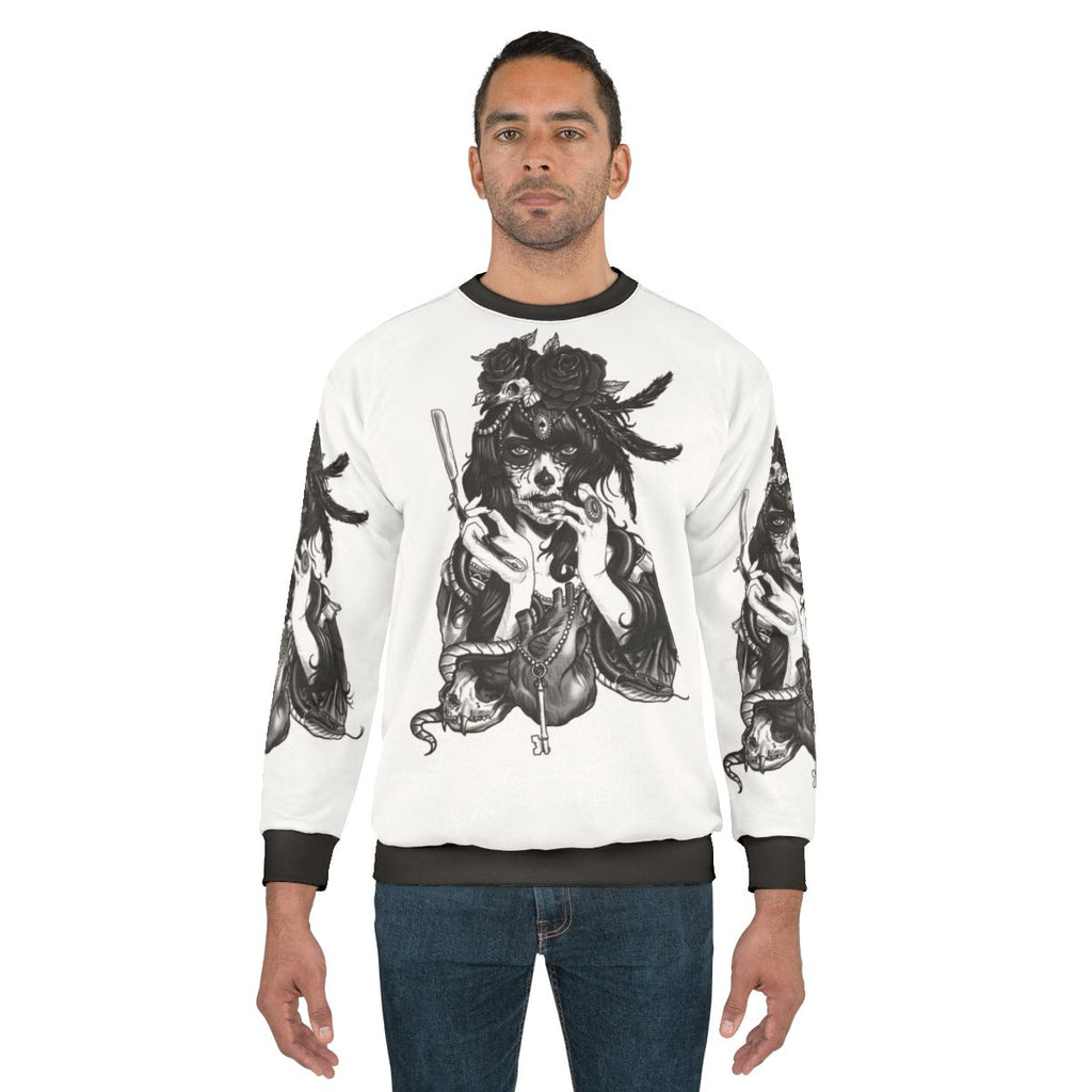 Dia de los muertos sugar skull sweatshirt featuring floral and tattoo design elements