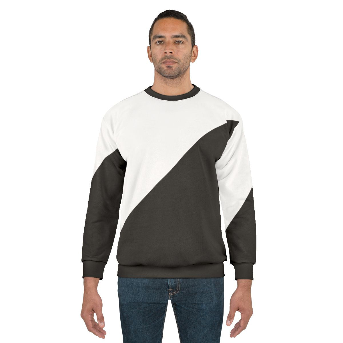 Diagonal Half White and Black Sweatshirt with Modern Geometric Patterns