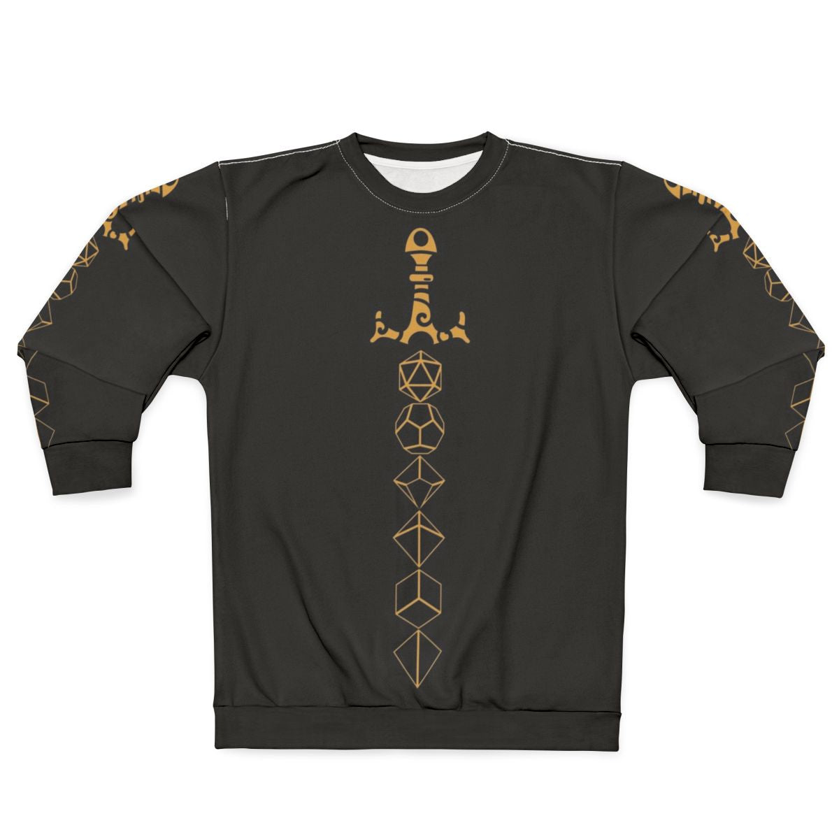 Tabletop RPG gaming sweatshirt with dice set and sword design