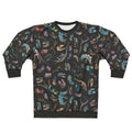 Dark sweatshirt with minimalist dinosaur fossil silhouette pattern