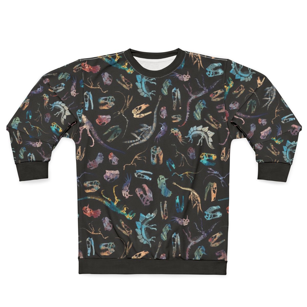 Dark sweatshirt with minimalist dinosaur fossil silhouette pattern