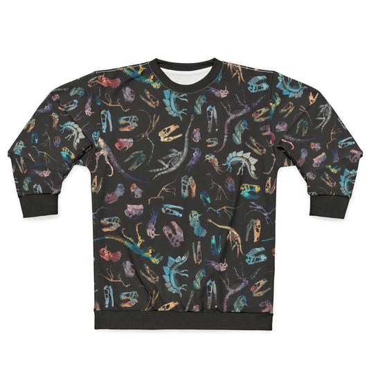 Dark sweatshirt with minimalist dinosaur fossil silhouette pattern