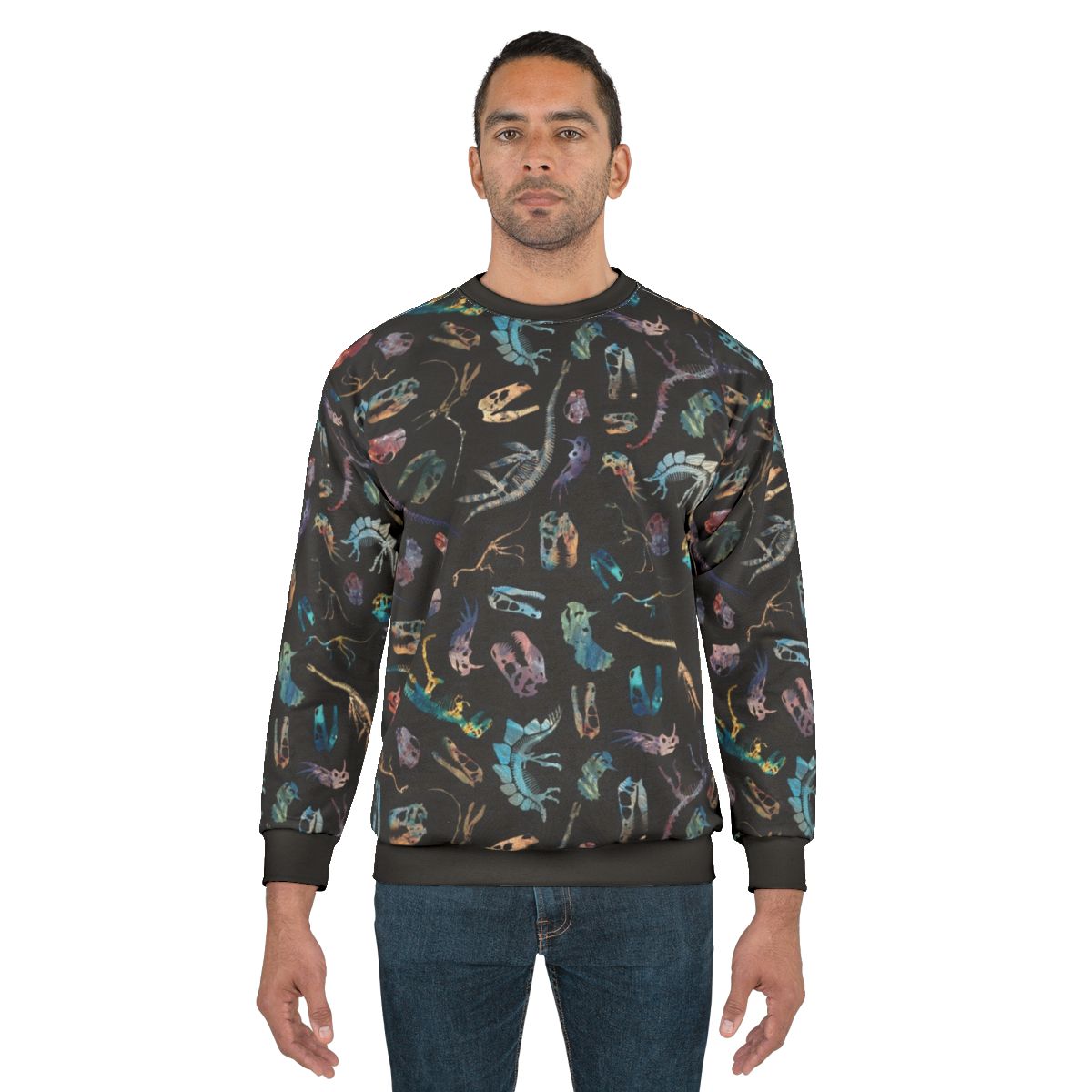 Dark sweatshirt with minimalist dinosaur fossil silhouette pattern