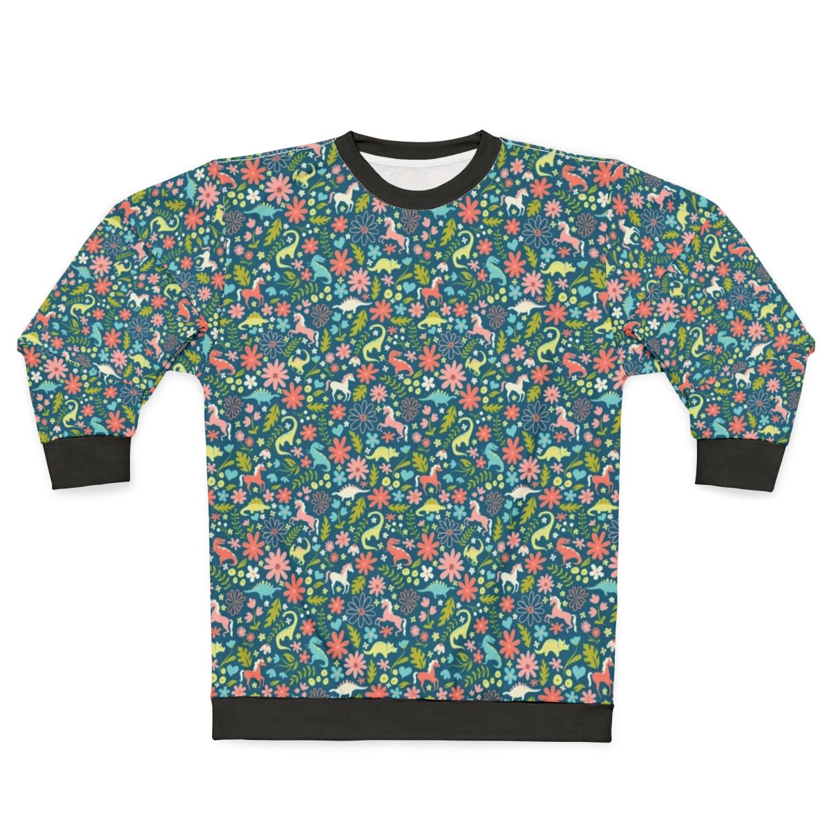 Magical dinosaur and unicorn sweatshirt with floral pattern