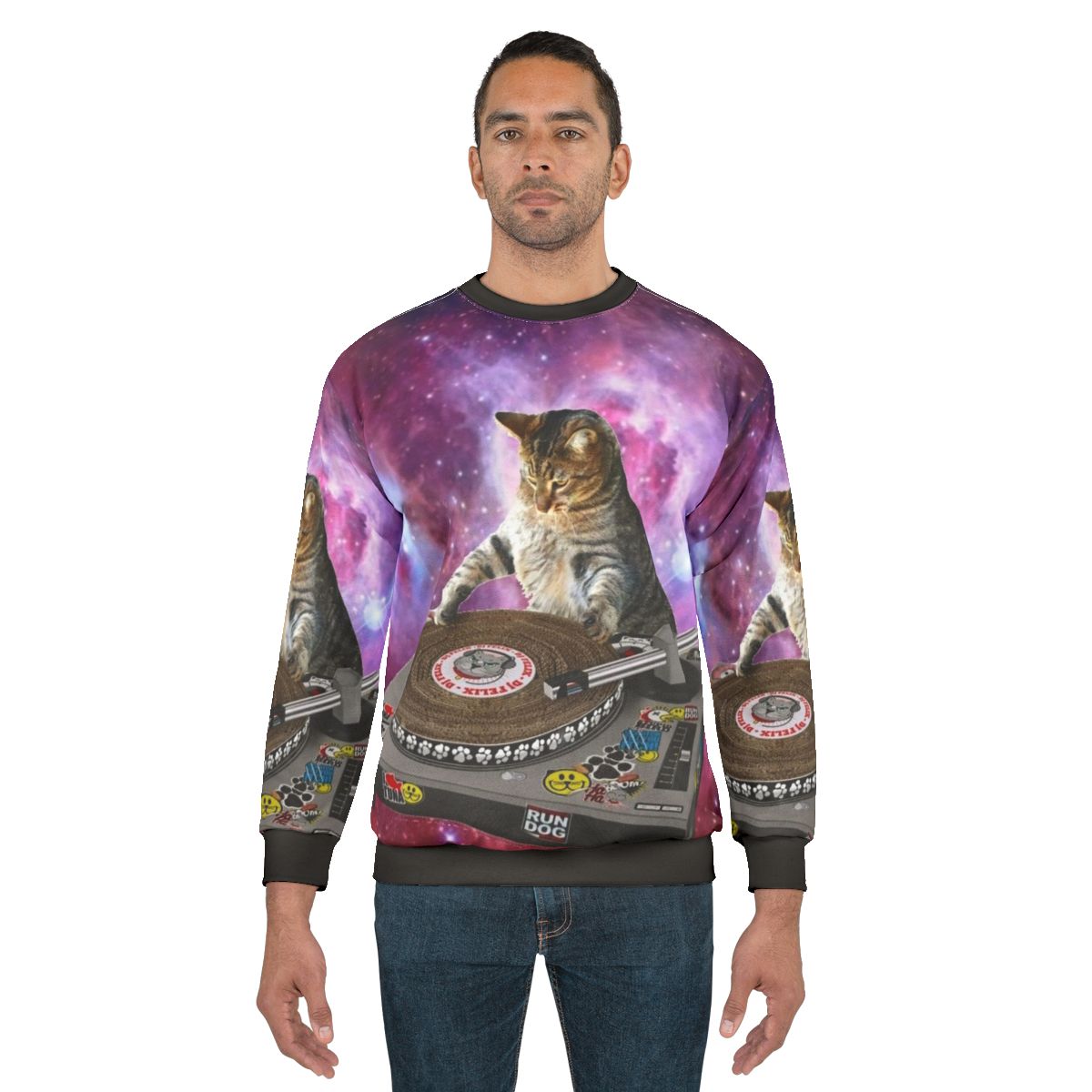 Dj space cat sweatshirt with galaxy and cosmic design