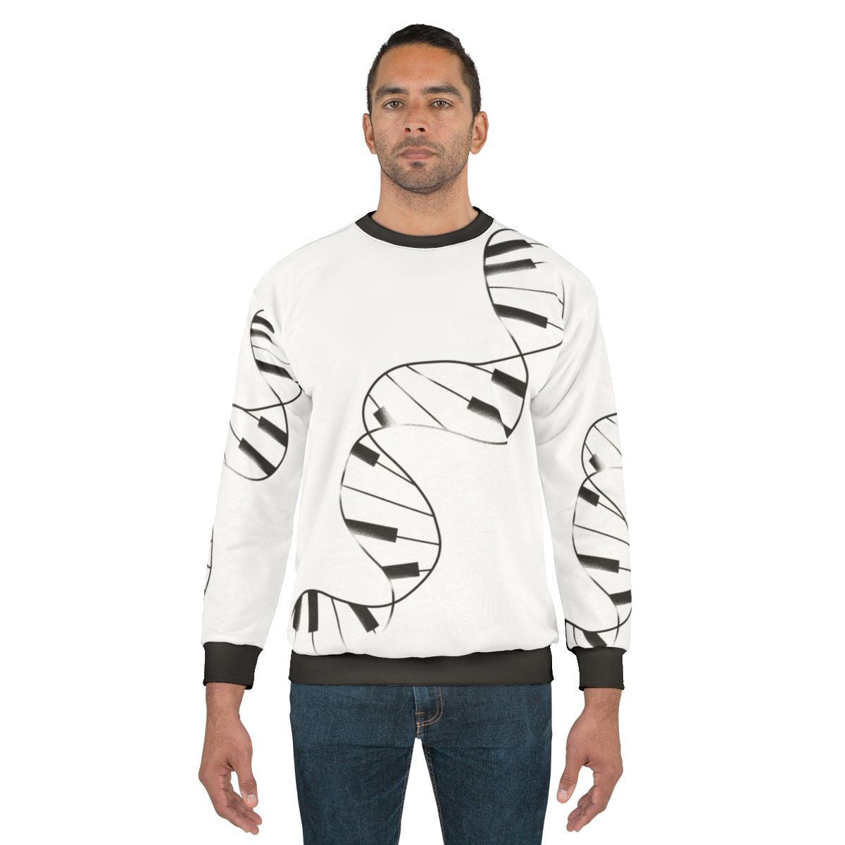 DNA Piano Sweatshirt featuring music notes, genes, and a melody