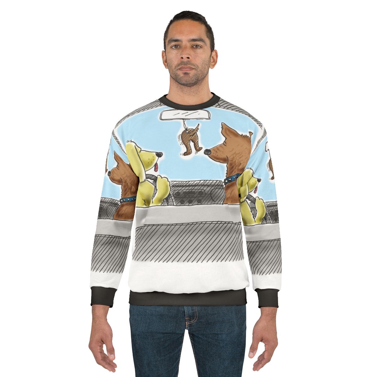 Dog lover wearing doggie air freshener sweatshirt