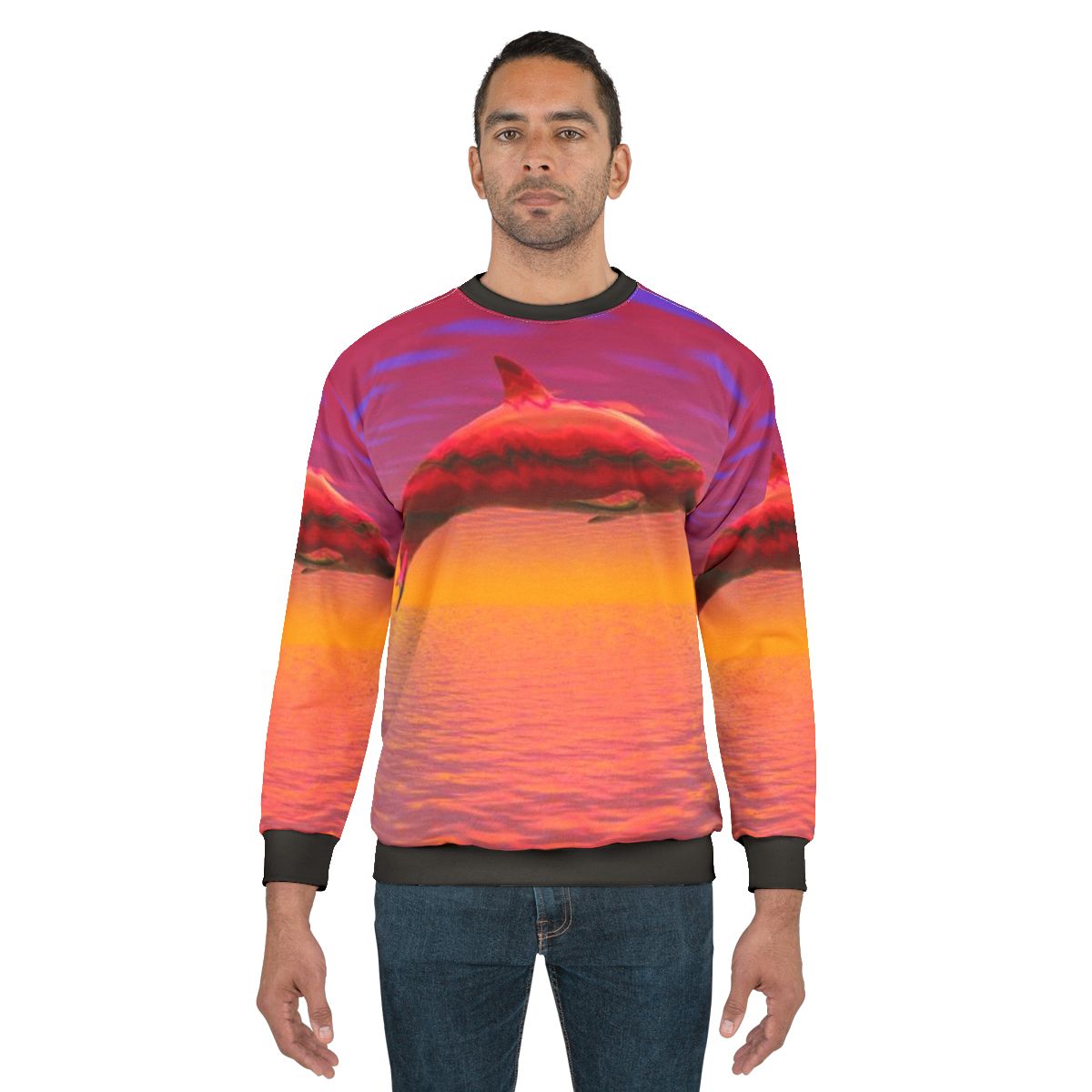 Colorful dolphin graphic on a stylish sweatshirt
