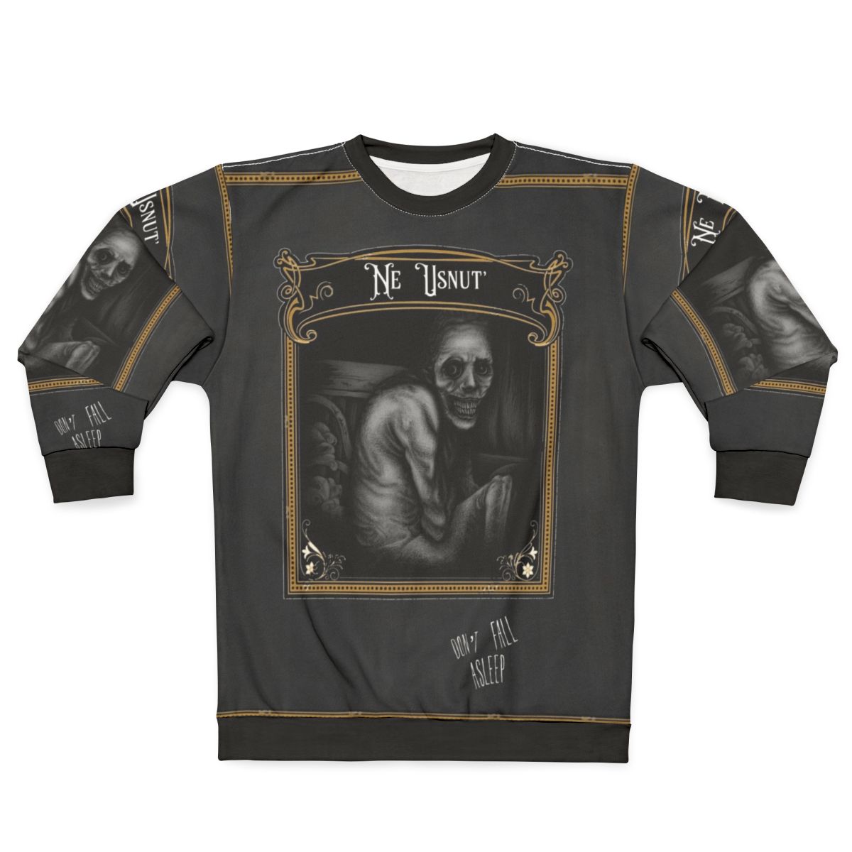 "Don't Fall Asleep" Russian sleep experiment horror-themed sweatshirt