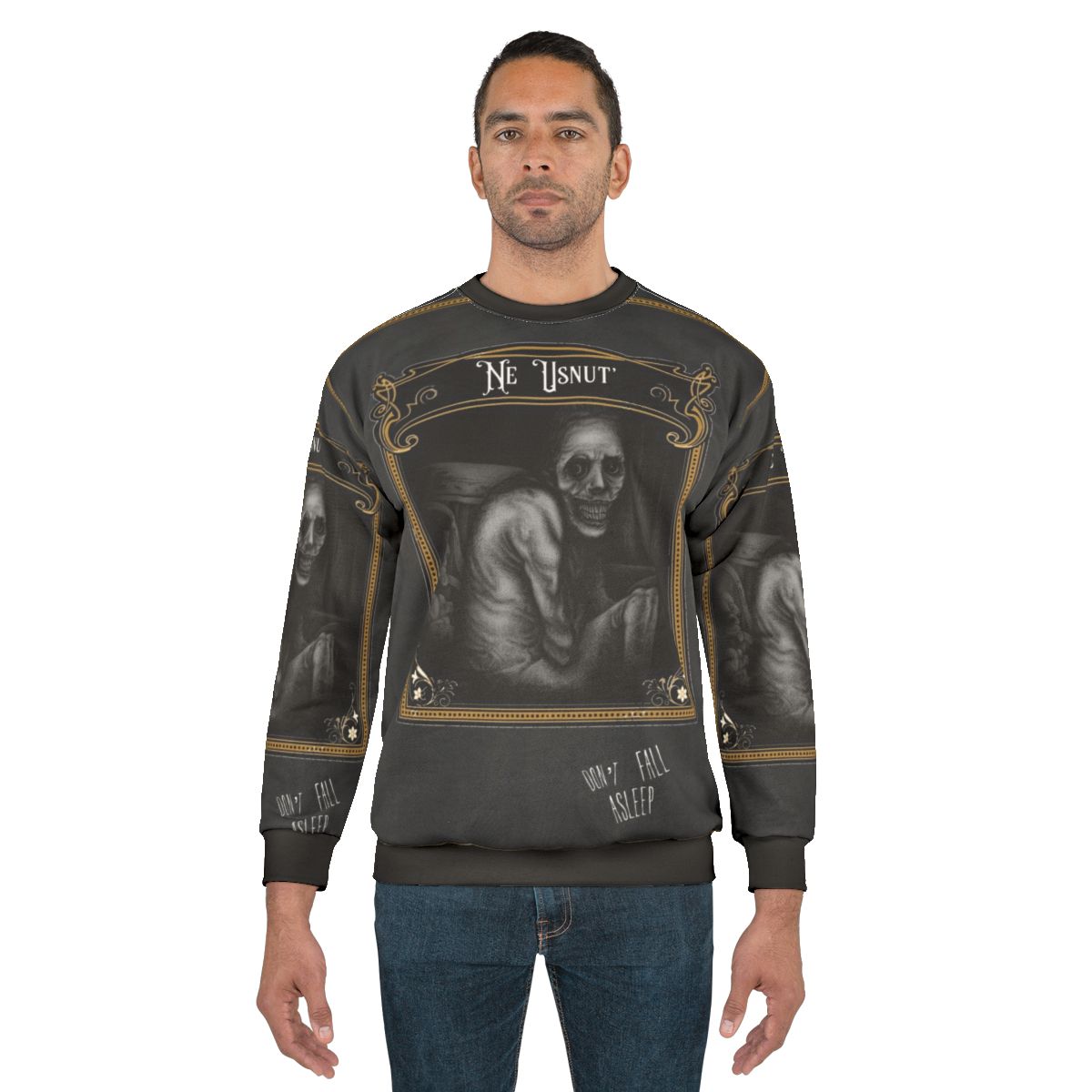 "Don't Fall Asleep" Russian sleep experiment horror-themed sweatshirt