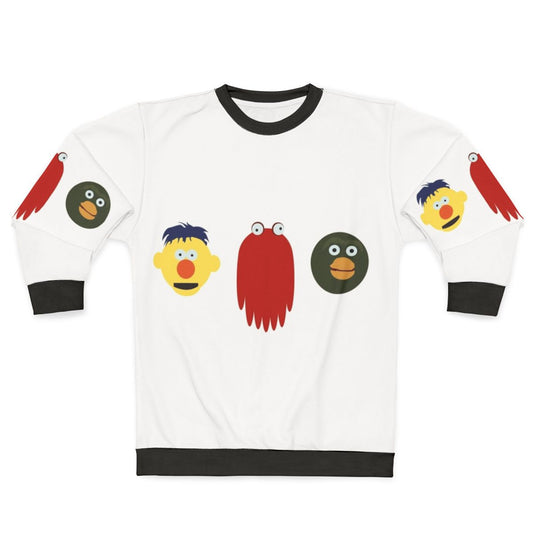 Don't Hug Me I'm Scared' themed sweatshirt with creepy puppet design