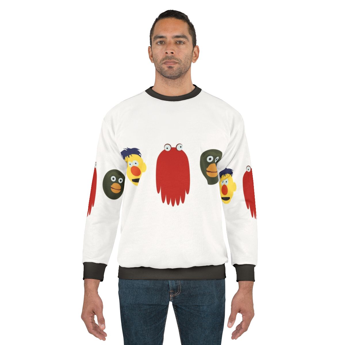 Don't Hug Me I'm Scared' themed sweatshirt with creepy puppet design