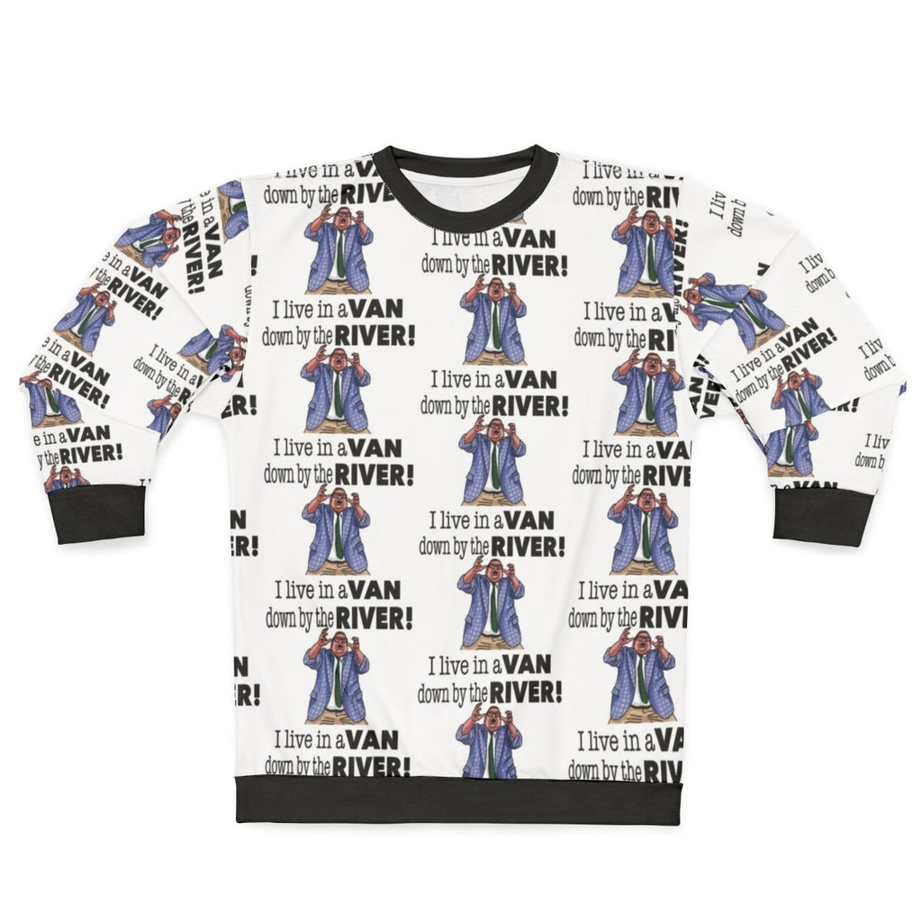 Chris Farley as Matt Foley wearing a "Down By The River" sweatshirt