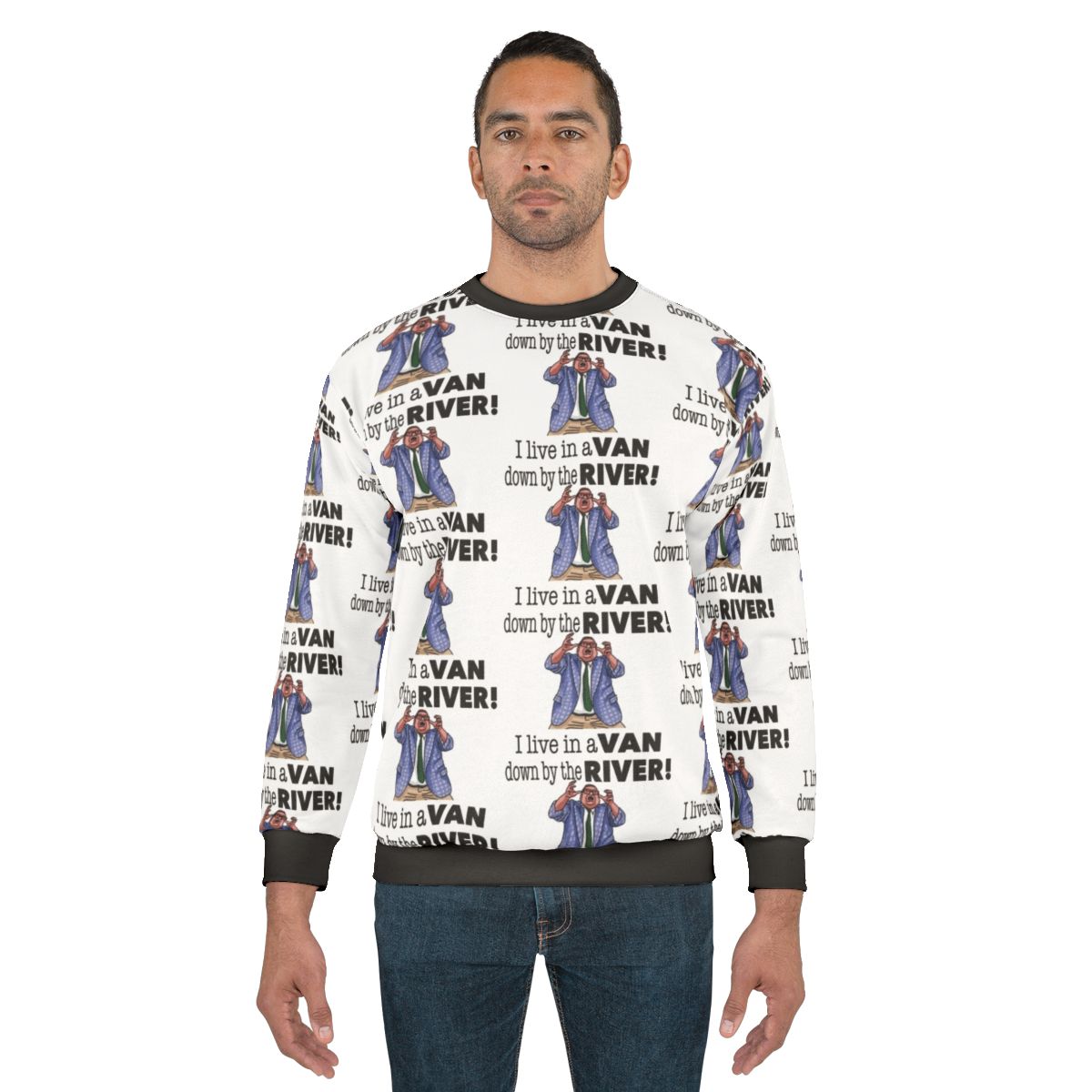 Chris Farley as Matt Foley wearing a "Down By The River" sweatshirt