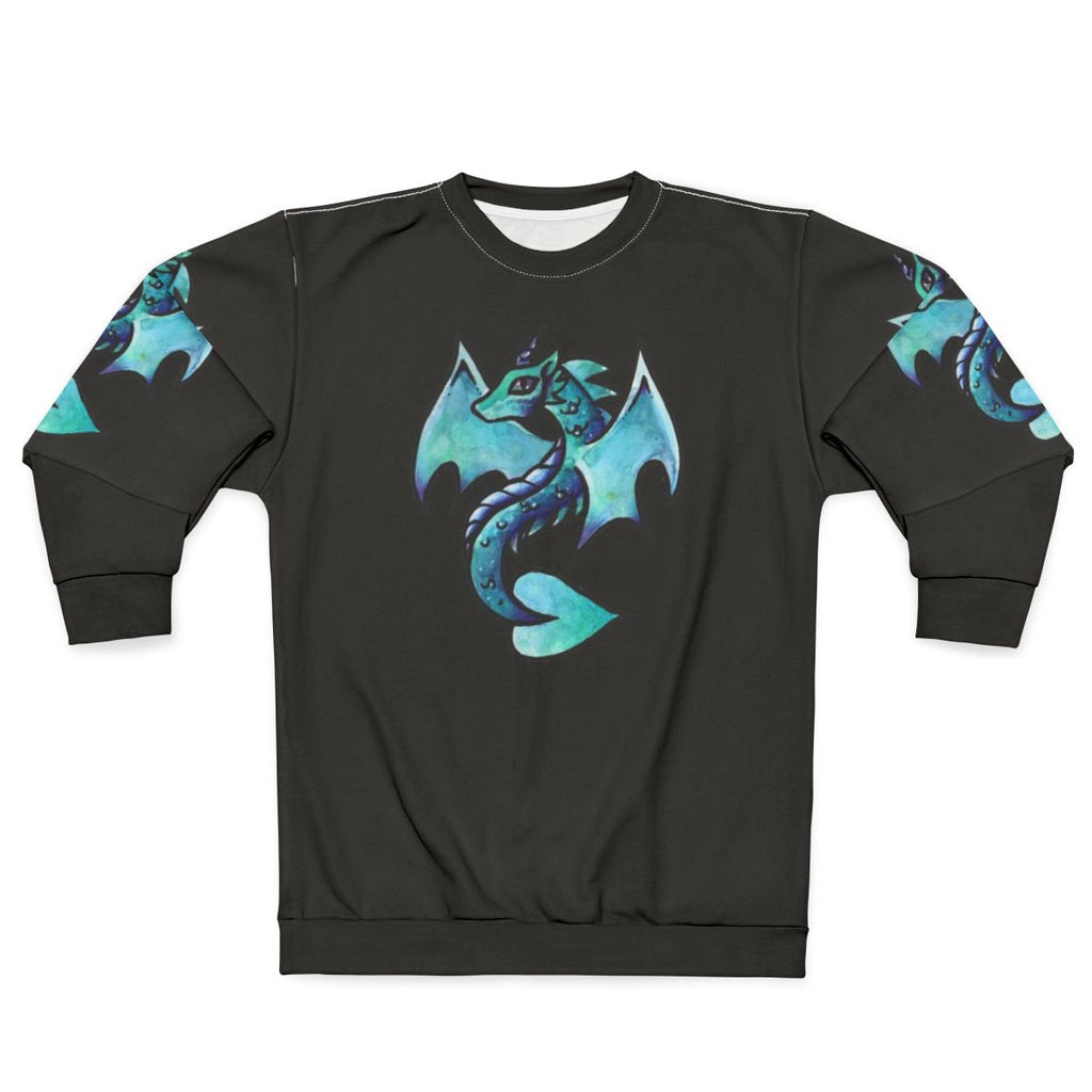 Watercolor dragon artwork printed on a cozy sweatshirt