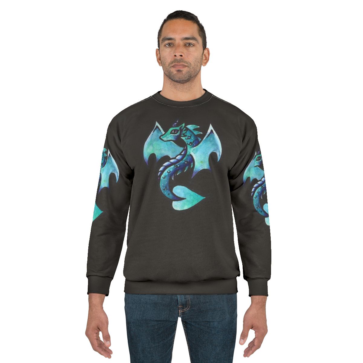 Watercolor dragon artwork printed on a cozy sweatshirt
