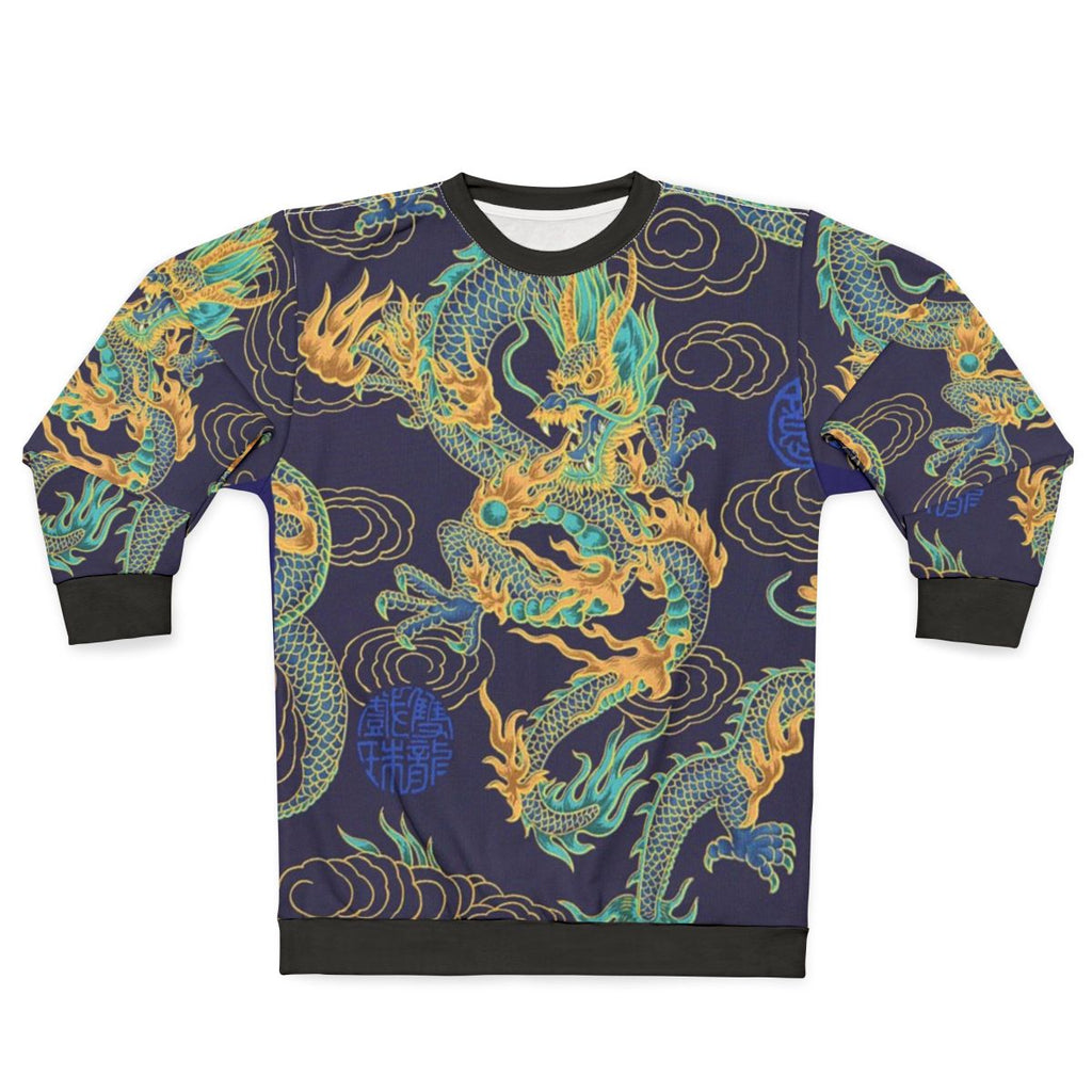 Gilded dragon design on a blue sweatshirt