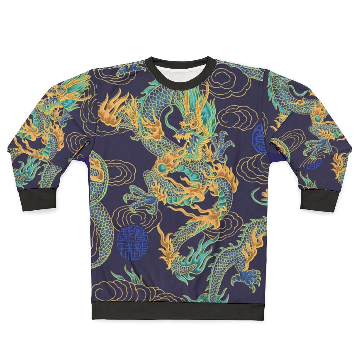 Gilded dragon design on a blue sweatshirt