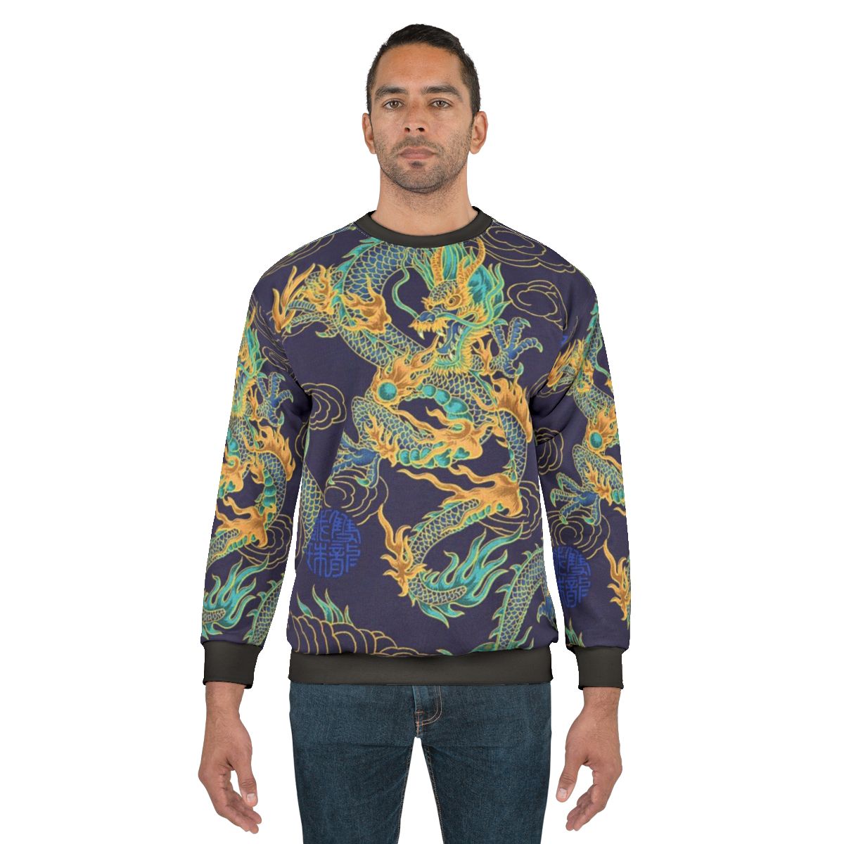 Gilded dragon design on a blue sweatshirt