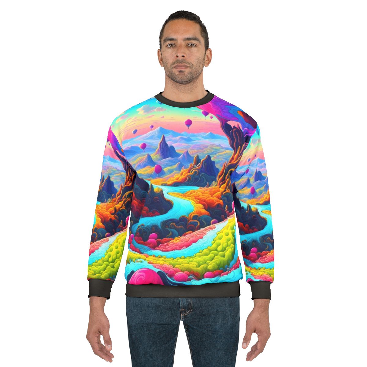 Dreamscape Sweatshirt with Psychedelic, Neon, and Trippy Urban Landscape Design