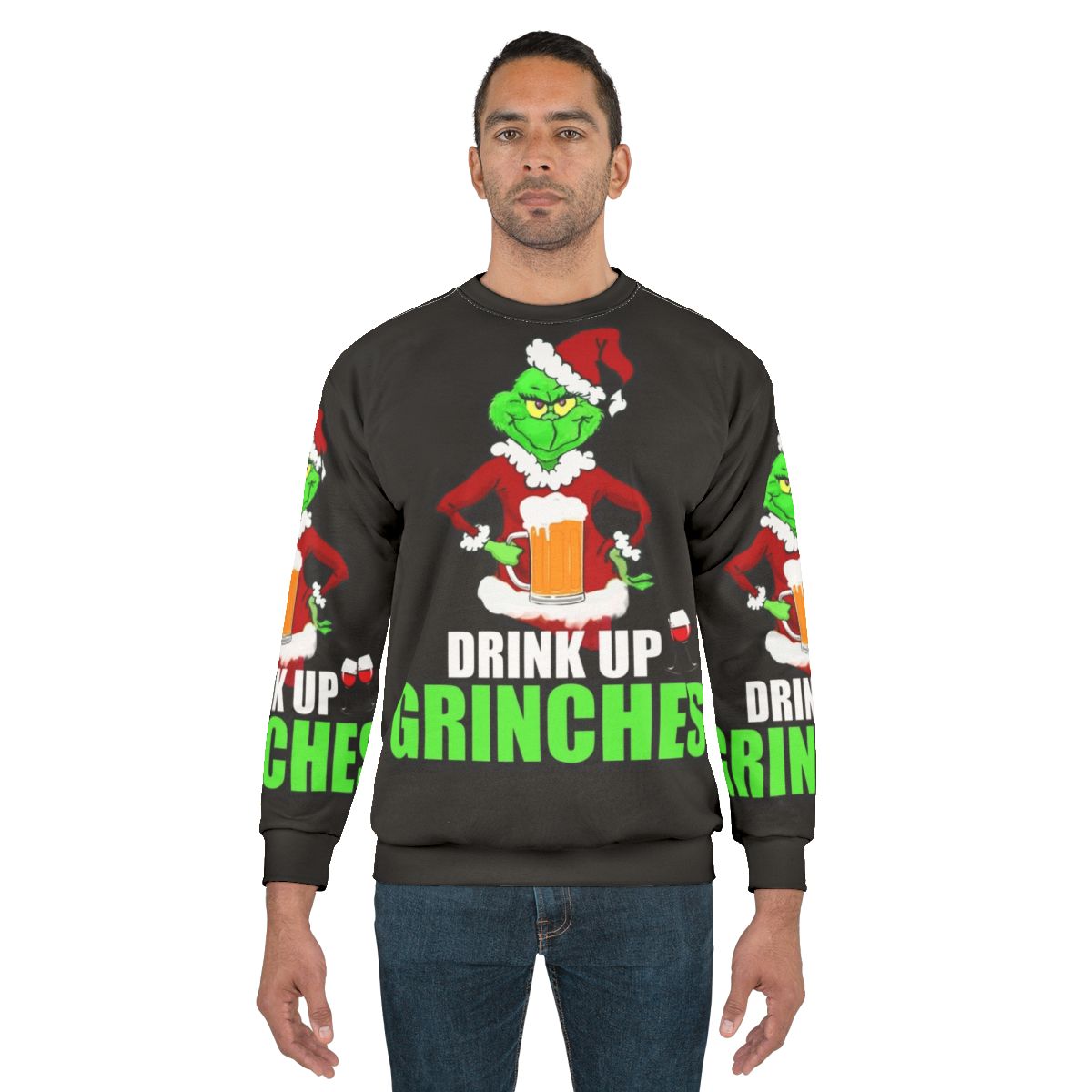 Funny Grinch Christmas Sweatshirt with "Drink Up Grinches" text