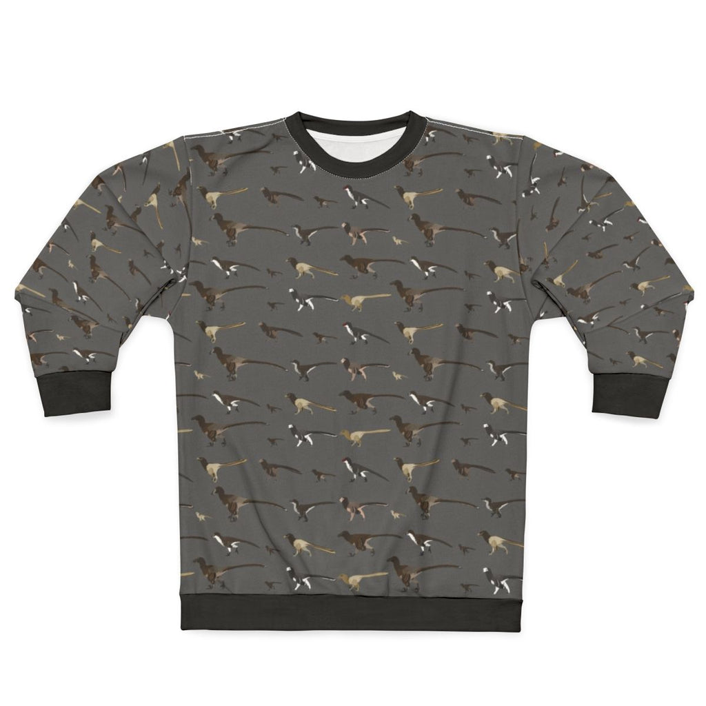 Dromaeosaur pattern sweatshirt featuring a velociraptor-inspired design