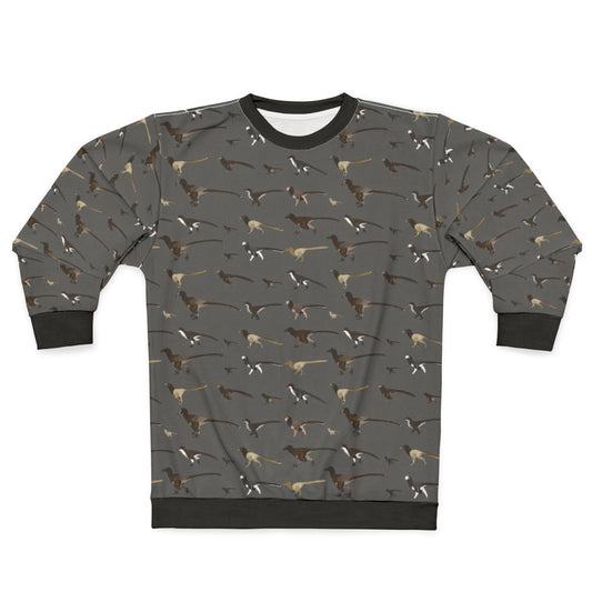 Dromaeosaur pattern sweatshirt featuring a velociraptor-inspired design