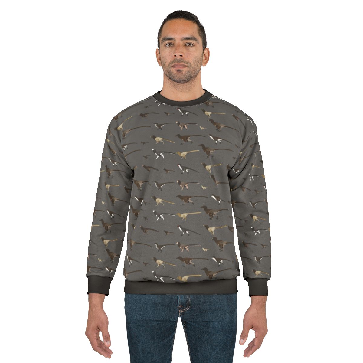 Dromaeosaur pattern sweatshirt featuring a velociraptor-inspired design