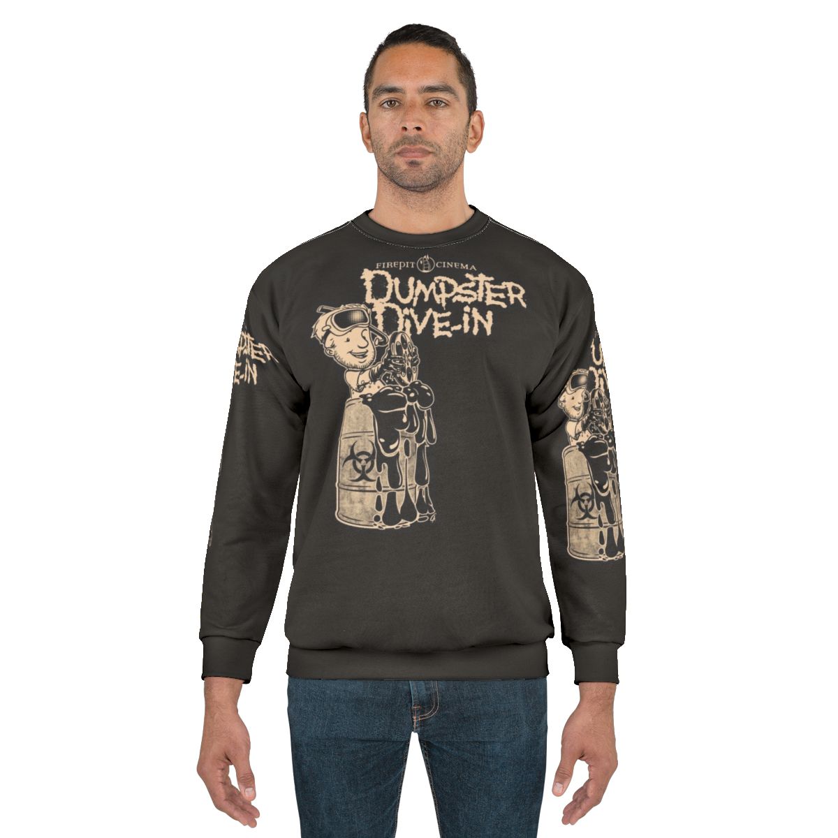 Dumpster Dive Sweatshirt with Cartoon Movie and Toxic Waste Graphic