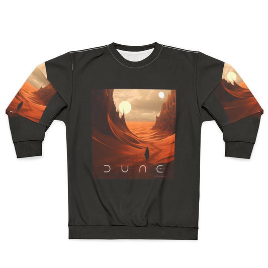 Dune 2020 fan art sweatshirt featuring Arrakis landscape and Fremen symbols