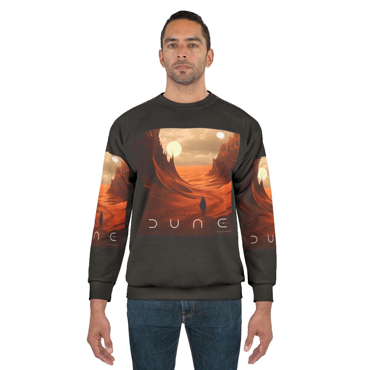 Dune 2020 fan art sweatshirt featuring Arrakis landscape and Fremen symbols