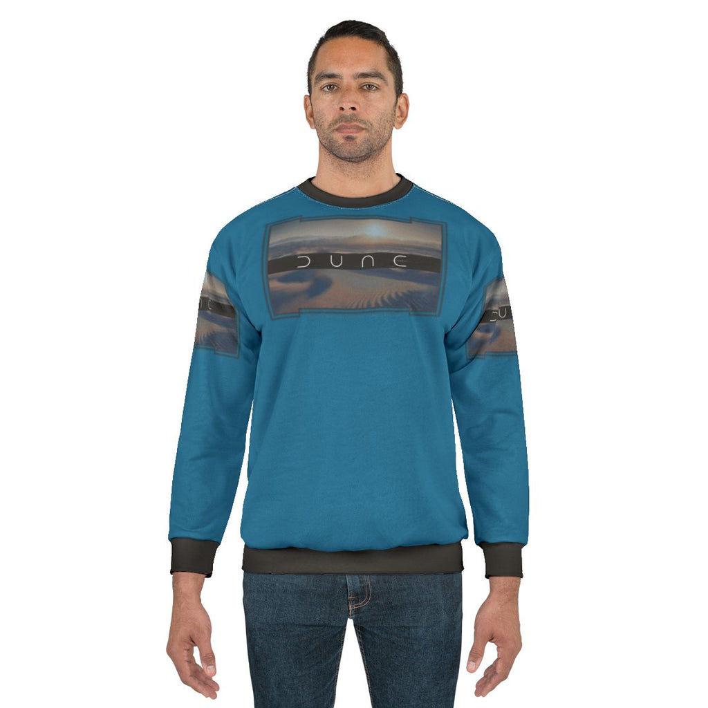 Dune desert sweatshirt with two moons and cinematic sci-fi design
