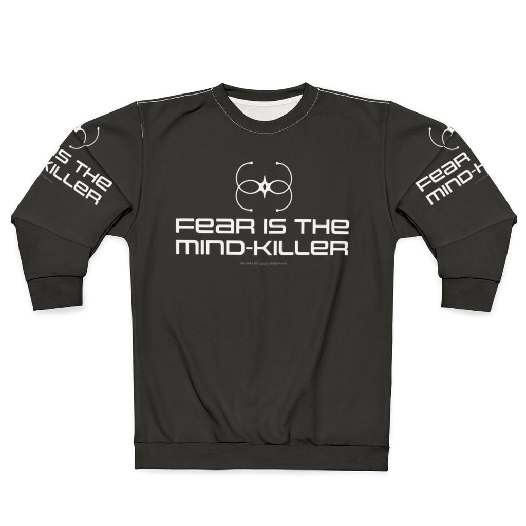 Dune sweatshirt featuring "Fear Is The Mind Killer" quote and sandworm graphics