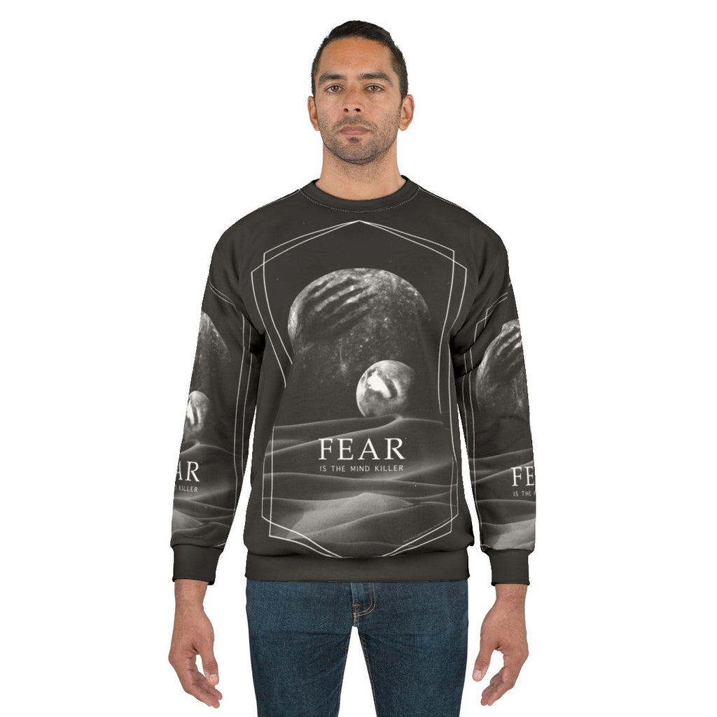 Dune sci-fi movie inspired sweatshirt with "Fear is the Mind Killer" quote