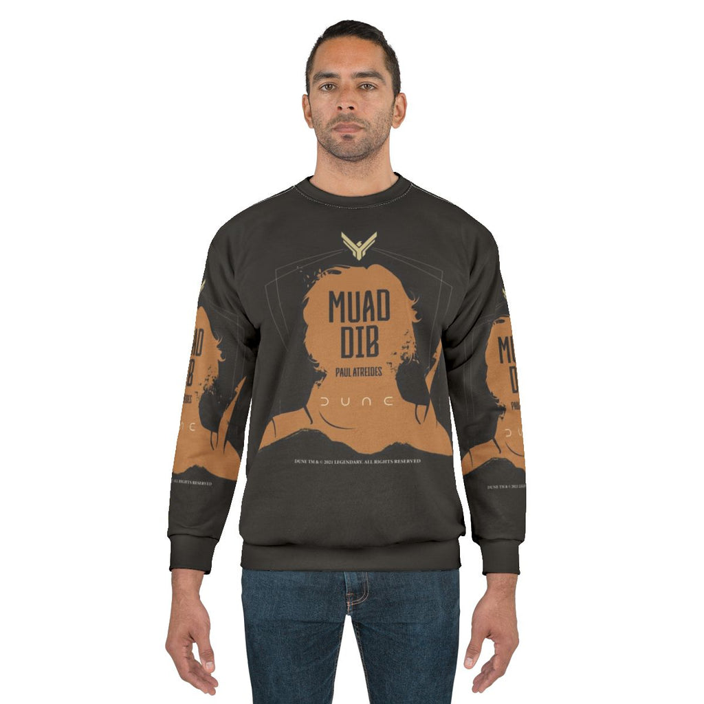 Dune inspired Paul Atreides sweatshirt with desert and sandworm graphics