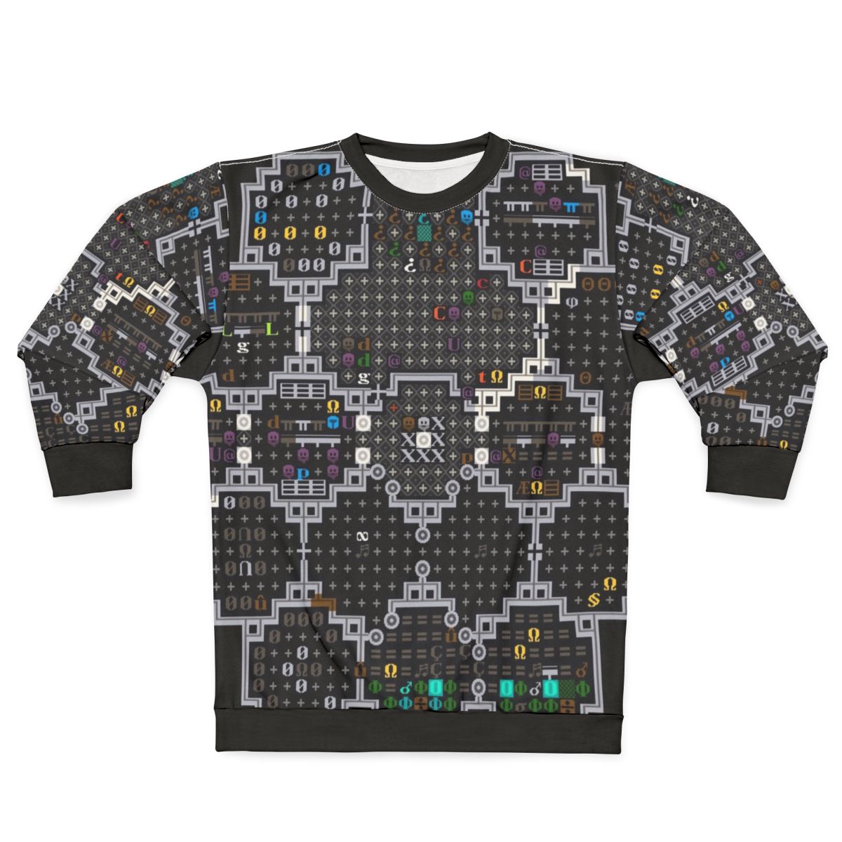 Dwarf Fortress themed gaming sweatshirt with pixel art tiles