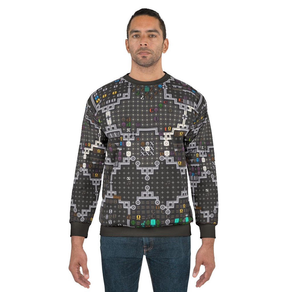 Dwarf Fortress themed gaming sweatshirt with pixel art tiles