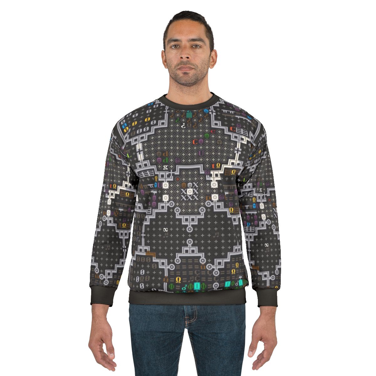 Dwarf Fortress themed gaming sweatshirt with pixel art tiles