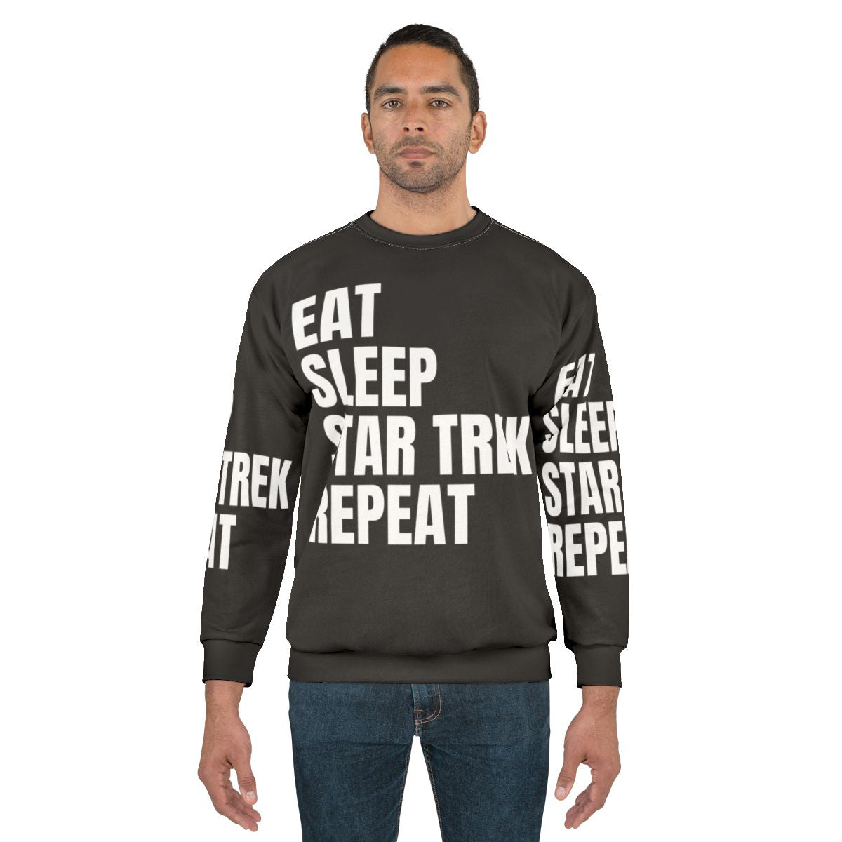 Stylish "Eat Sleep Star Trek Repeat" sweatshirt featuring the USS Enterprise NCC-1701