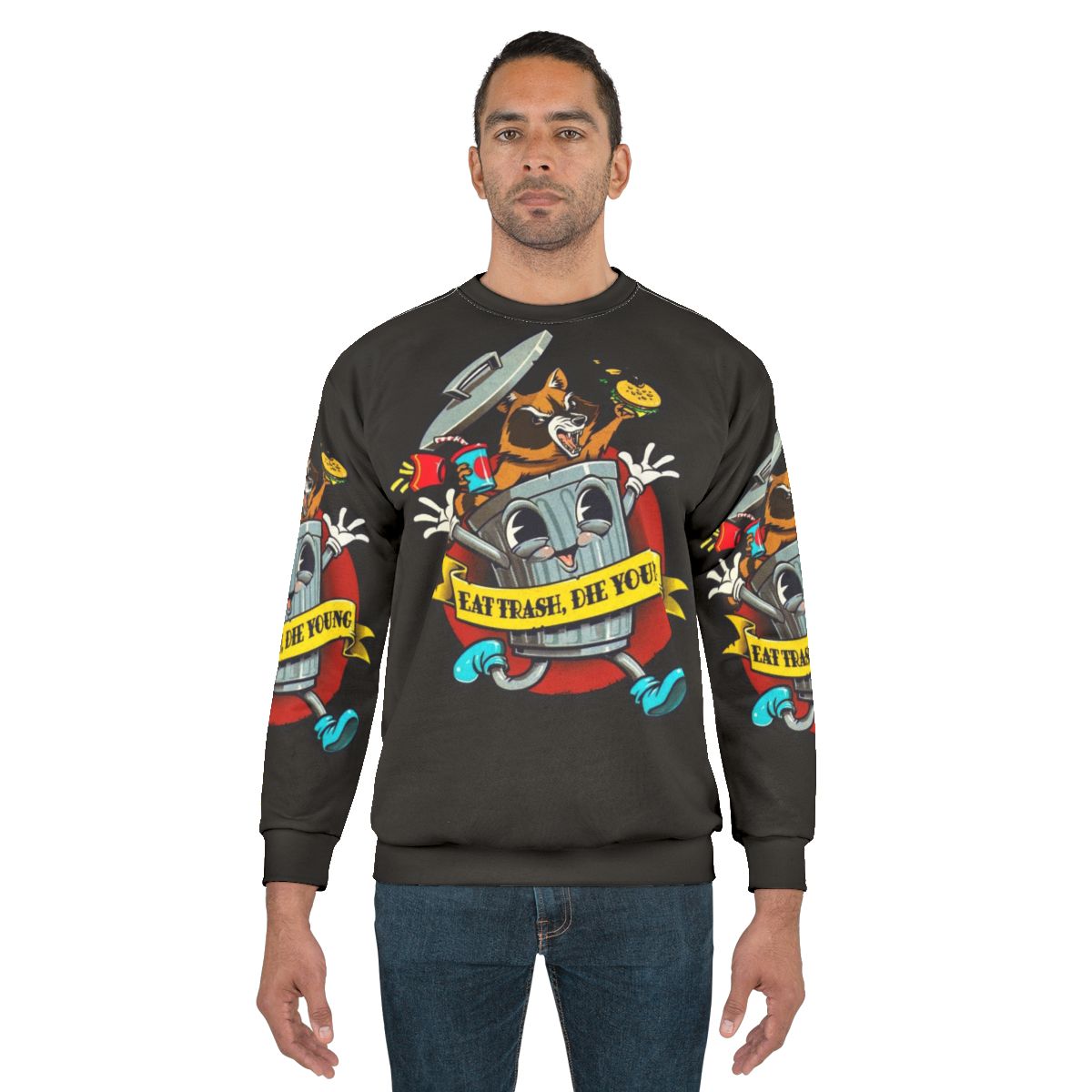 Vintage cartoon "Eat Trash Die Young" graphic on a sweatshirt
