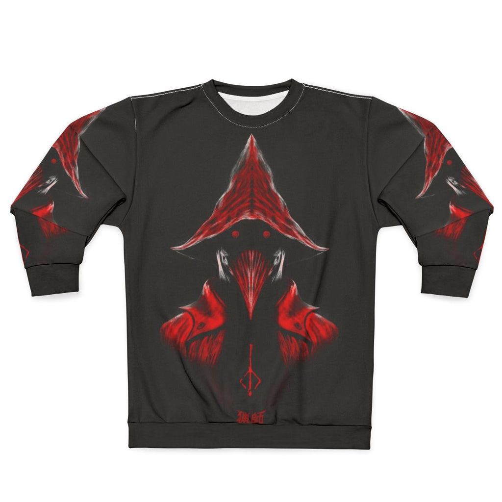 Bloodborne Hunter Sweatshirt with Crow and Lovecraft-inspired Imagery