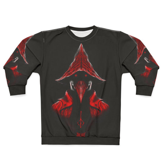 Bloodborne Hunter Sweatshirt with Crow and Lovecraft-inspired Imagery