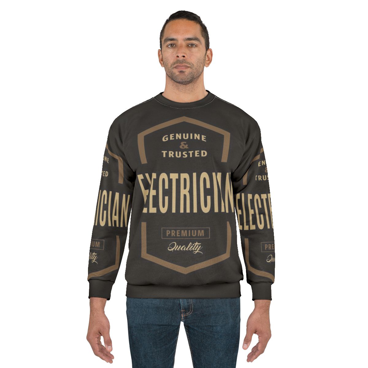 Electrician wearing a comfortable and durable sweatshirt for their profession