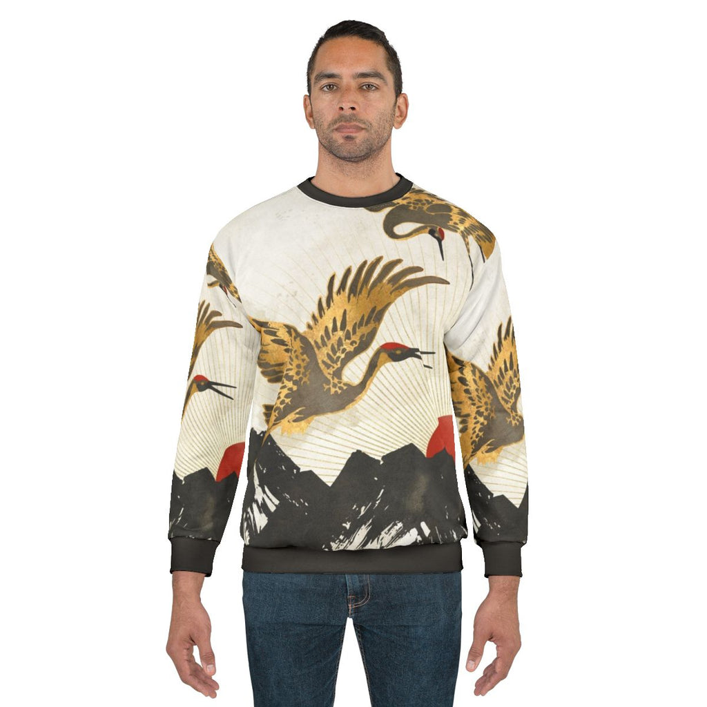 Elegant Flight Crane Sweatshirt with Nature and Landscape Design