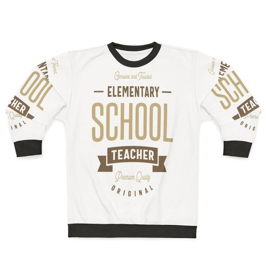 Elementary school teacher wearing a stylish sweatshirt with educational profession theme