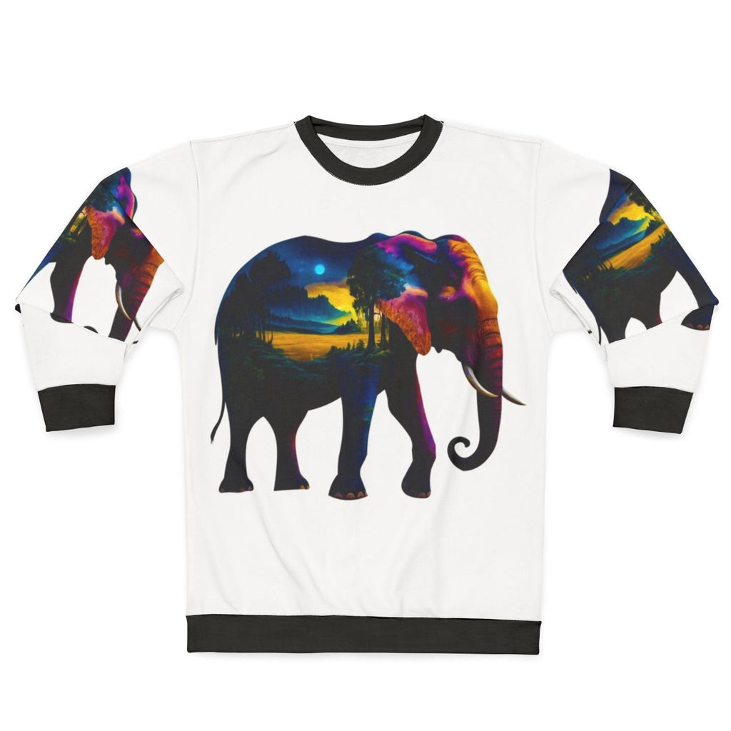 Elephant and nature graphic on a cozy sweatshirt