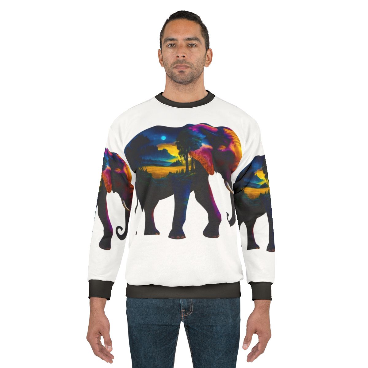 Elephant and nature graphic on a cozy sweatshirt