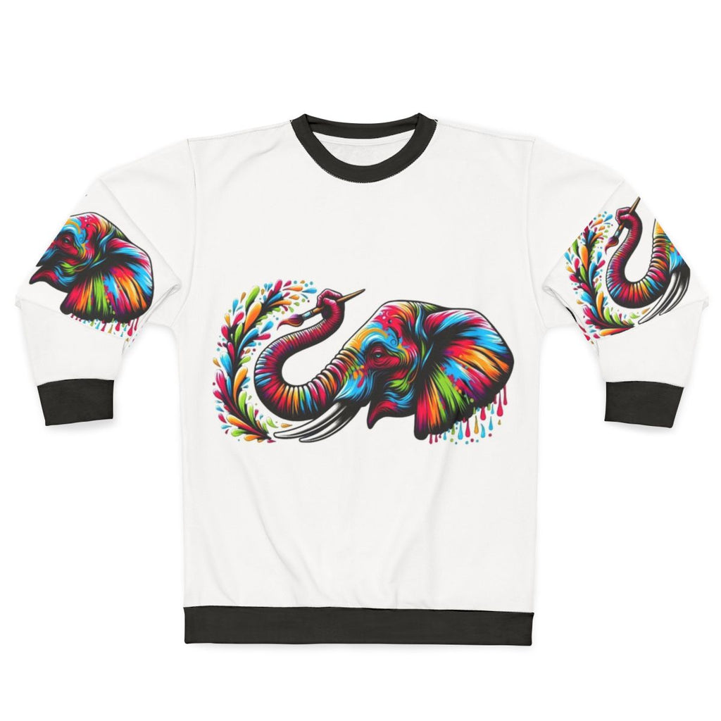 Colorful elephant painting on a cozy sweatshirt
