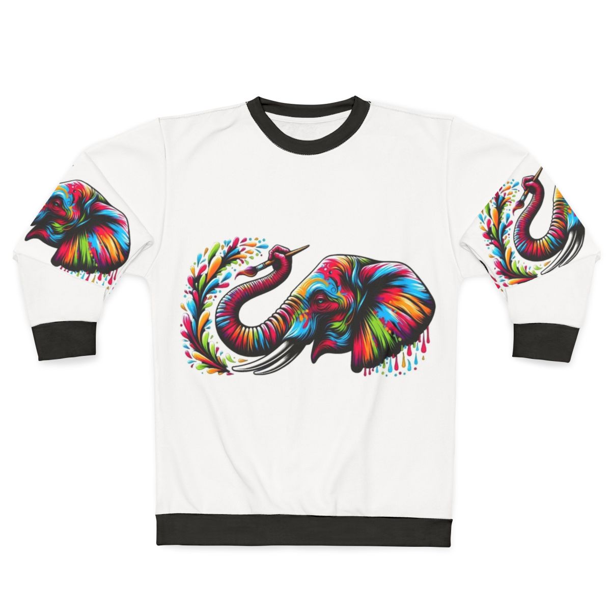 Colorful elephant painting on a cozy sweatshirt